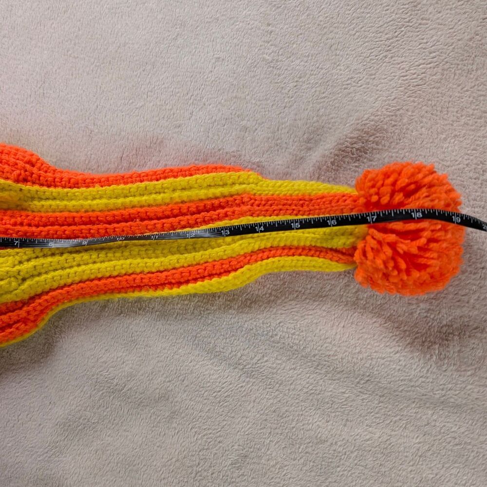 Crochet Knit Long Pom Pom Beanie Hat Unisex Orange Yellow Vintage Striped - Picture 4 of 4